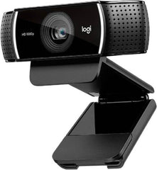 Logitech C922 Pro Stream Full HD webcam with included tripod, featuring dual built-in stereo microphones, automatic light correction, fast frame rate streaming, 78° diagonal field of view, smooth autofocus, in a black finish.