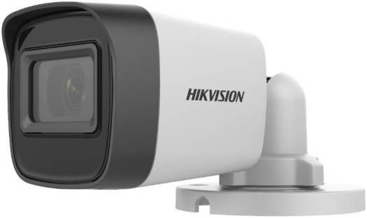 Hikvision 2MP Fixed Mini Bullet Camera with 1920×1080 resolution, a 2.8mm fixed lens, up to 25m IR distance, Digital WDR, 360° rotation, 4-in-1 video output, and IP67 protection, in white.