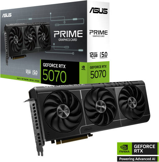 ASUS PRIME GeForce RTX 5070 Graphics Card featuring 12GB GDDR7 (192-bit), 2512 MHz boost clock, 6144 CUDA cores, 28 Gbps memory speed, and PCIe 5.0 support.