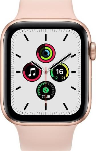 Apple Watch SE with GPS, 44mm gold aluminum case, paired with a gold sport band
