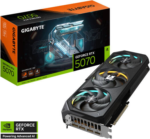 GIGABYTE GeForce RTX 5070 GAMING OC Graphics Card, equipped with 12GB GDDR7 192-bit memory, 2625MHz boost clock, 6144 CUDA cores, 28Gbps memory speed, and PCI Express 5.0 interface.