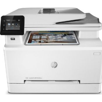 HP MFP M282nw Color LaserJet Pro printer with up to 21 ppm print speed, 600×600 dpi resolution, a 2.7" graphic display, 100-sheet output capacity, flatbed scanning, and 361W power consumption.