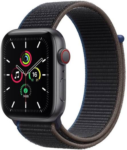 Apple Watch SE (40mm) with a Retina OLED display, GPS + Cellular connectivity, Emergency SOS, space gray aluminum case, and charcoal sport loop.