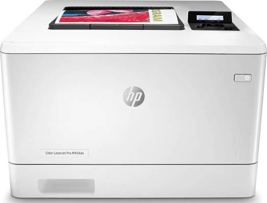 HP Color LaserJet Pro M454dn color printer with 28 ppm print speed, 600×600 dpi resolution, automatic duplex printing, LCD display, 50-sheet multipurpose tray, 250-sheet input tray, and USB & Ethernet connectivity.