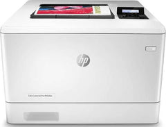 HP Color LaserJet Pro M454dn color printer with 28 ppm print speed, 600×600 dpi resolution, automatic duplex printing, LCD display, 50-sheet multipurpose tray, 250-sheet input tray, and USB & Ethernet connectivity.