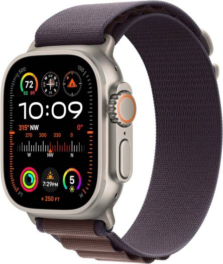 Apple Watch Ultra 2 (GPS + Cellular, 49mm) with a rugged titanium case, large indigo Alpine Loop, bright Retina display, fitness tracking, GPS, Action button, and extended battery life.