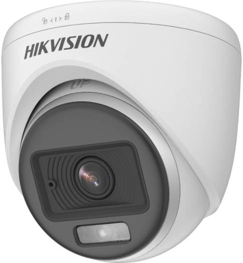 Hikvision 3K ColorVu Indoor Fixed Turret Camera with a 2.8 mm lens, 24/7 color imaging, up to 20 m white light range, audio transmission over coaxial cable, built-in microphone, and a white finish.