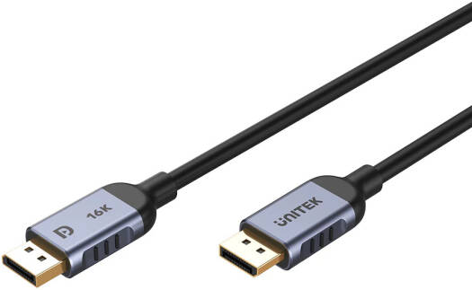 Unitek Gaming DisplayPort 2.1 Cable supports 16K@60Hz, 8K@120Hz, and 4K@240Hz, offering Dynamic HDR, 3D stereo imaging, and full VESA compliance. The 1-meter black cable delivers ultra-smooth, high-performance visuals for gaming and professional displays.