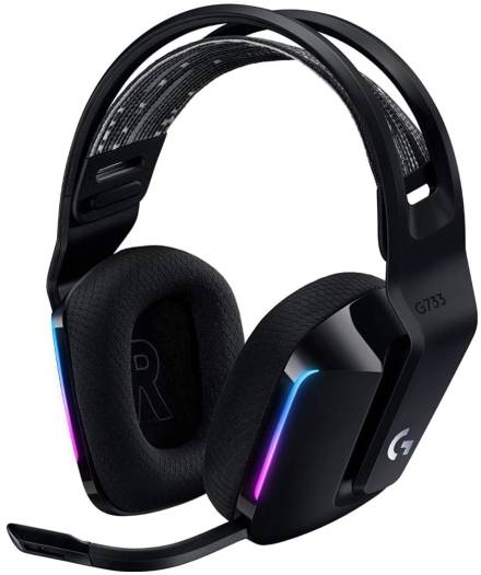 Logitech G733 LIGHTSPEED Wireless RGB Gaming Headset in Black, featuring PRO-G 40mm drivers, a 6mm cardioid microphone, DTS Headphone:X 2.0 surround sound, and 16.8 million customizable lighting colors.