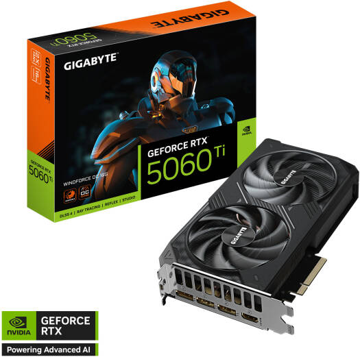 GIGABYTE AORUS GeForce RTX 5060 Ti ELITE Graphics Card with 16GB GDDR7 memory, 128-bit interface, 2722 MHz boost clock, 28 Gbps memory speed, and PCIe 5.0 support.