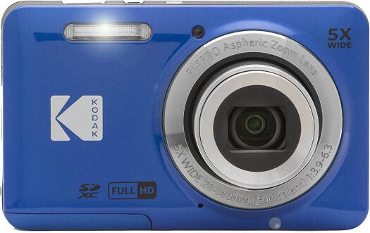 Kodak PIXPRO FZ55 digital camera in blue, featuring a 16.35MP sensor, 5× optical zoom, 28mm wide-angle lens, 2.7-inch LCD, Full HD 1080p video, face, smile, blink, and pet detection, with digital image stabilization.