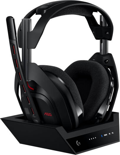 Logitech Astro A50 LIGHTSPEED Wireless Gaming Headset with Base Station (Gen 5), featuring PRO-G Graphene Drivers, seamless switching between up to 3 systems, USB-C connectivity for Xbox, PS5, PC/Mac, or Nintendo Switch, with Bluetooth support, in Black.