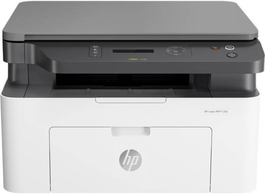HP Laser MFP 135A multifunction printer with print speeds up to 21 ppm, copy speeds up to 20 cpm, a 150-sheet input tray, 100-sheet output capacity, and a 10,000-page monthly duty cycle. White design.