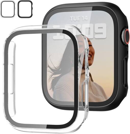 JZK 2-Pack Case with Tempered Glass Screen Protector – Slim Full-Coverage Hard PC Protective Bumper for Apple Watch Series 6/5/4/SE (44mm), Ultra-Thin HD Cover, Black & Clear