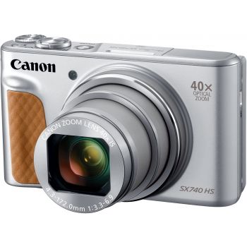 Canon PowerShot SX740 HS digital camera featuring 40× optical zoom, a 3-inch tilt LCD screen, 4K video recording, built-in Wi-Fi, NFC, and Bluetooth connectivity, in silver.