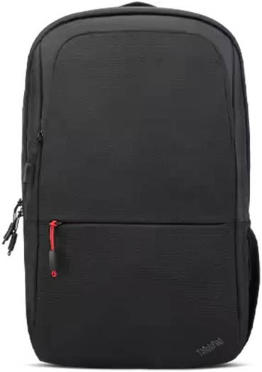 ThinkPad Essential 16" Backpack – made from durable polyester and RPET materials, features easy-grip zippers, dual compartments, and a mesh side water bottle holder, Black.