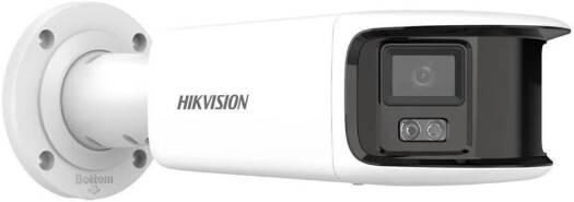Hikvision 8MP Panoramic ColorVu Fixed Bullet Network Camera featuring dual 1/1.8" progressive scan CMOS sensors, 4mm fixed lens, and F1.0 aperture, in white.