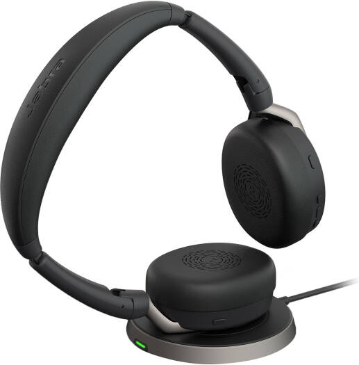 Jabra Evolve2 65 Flex Link MS Stereo Wireless Headset with wireless charging, Bluetooth connectivity, active noise cancellation, 28 mm drivers, built-in microphone, and a black design.