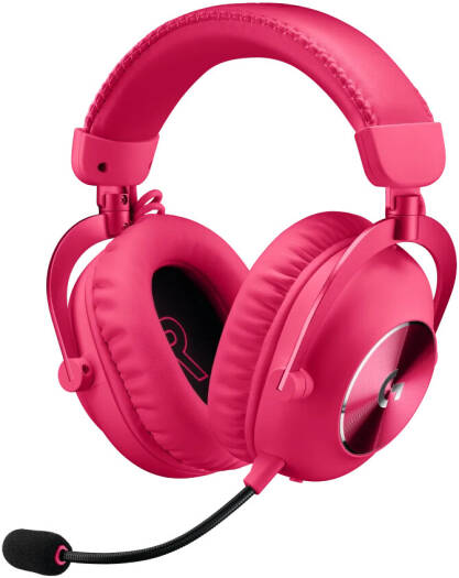 Logitech G PRO X 2 LIGHTSPEED Wireless Gaming Headset in Pink, featuring a detachable boom microphone, Bluetooth, USB, and 3.5mm AUX connectivity, compatible with PC, PS5, PS4, and Nintendo Switch.