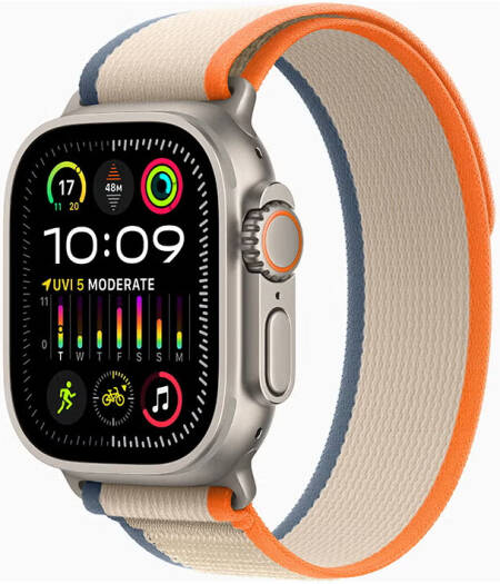 Apple Watch Ultra 2 (GPS + Cellular, 49mm) with an M/L orange-beige Trail Loop, model MRF23.