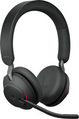 Jabra Evolve2 65 MS Stereo Wireless Bluetooth Headset with Link 380c, designed for calls and music, featuring passive noise cancellation and up to 37 hours of battery life.