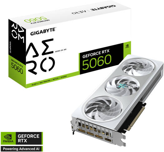 GIGABYTE GeForce RTX 5060 AERO OC Graphics Card featuring 8GB GDDR7 128-bit memory, 2595 MHz boost clock, 28 Gbps memory speed, 3840 CUDA cores, and PCI Express 5.0 interface, finished in white.