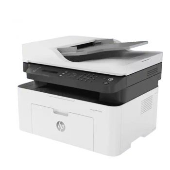 HP LaserJet MFP M137FNW monochrome multifunction printer for black-and-white printing, finished in white.