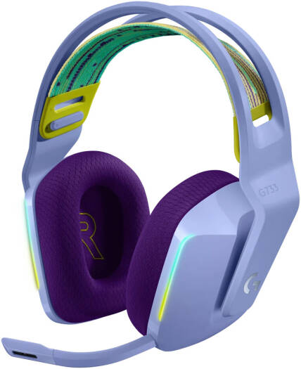 Logitech G733 LIGHTSPEED Wireless RGB Gaming Headset in Lilac, equipped with PRO-G 40mm drivers, a 6mm cardioid microphone, DTS Headphone:X 2.0 surround sound, and customizable 16.8 million light colors.