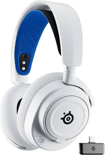 SteelSeries Arctis Nova 7P Wireless Multi-System Gaming and Mobile Headset featuring the Nova Acoustic System, dual 2.4GHz and Bluetooth connectivity, up to 38 hours of battery life, ClearCast Gen2 microphone, compatible with PlayStation and PC, in white.