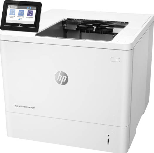 HP M611dn LaserJet Enterprise monochrome printer with print speeds up to 65 ppm, 1200×1200 DPI resolution, automatic duplex printing, and a 100-sheet multipurpose feeder. Finished in white.