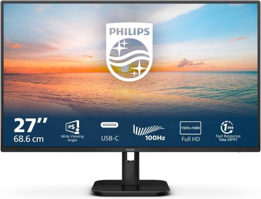 Philips 1000 Series Monitor – Black, featuring a 27" IPS display with FHD resolution, 100Hz refresh rate, 1ms (MPRT) response time, 16.7 million color support, SmartImage Game, Mega Infinity DCR, and flicker-free technology.