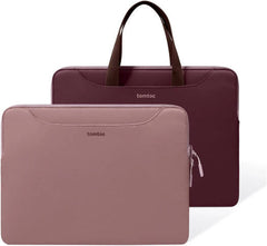 A 14-inch Tomtoc The-Her A21 laptop handbag in a dual-color design, featuring soft velvet lining with thick padding, spill-resistant material, and multiple compartments, in raspberry.