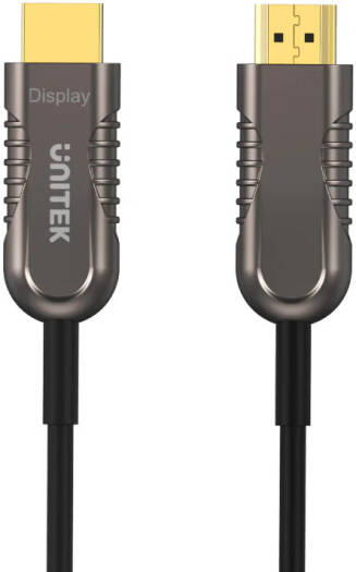 Unitek 4K 60Hz Fiber Optic HDMI Cable featuring 4K at 60Hz support, 18Gbps transmission bandwidth, VR and 3D display compatibility, pure copper wiring, PVC cable jacket, 20-meter length, in black.