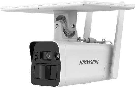 Hikvision 4MP Solar-Powered Security Camera with 4mm fixed lens, up to 30m IR range, 4G LTE support, RJ45 Ethernet, built-in memory and micro SIM card slot, and IP67-rated protection. White.