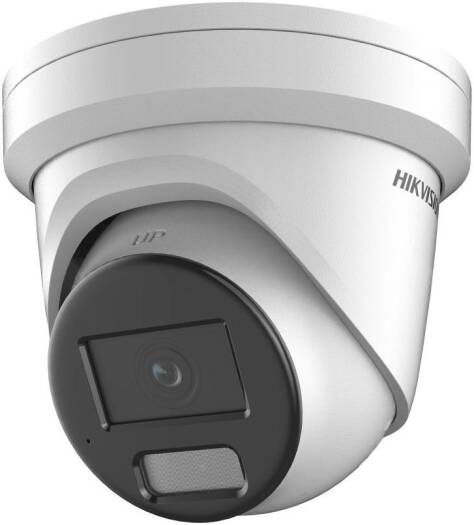 Hikvision 4MP Smart Hybrid Light ColorVu Fixed Turret Network Camera with a 1/1.8" progressive scan CMOS sensor, fixed focal lens, F1.0 aperture, and white light illumination, in white.