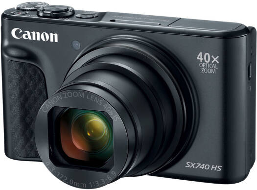 Canon PowerShot SX740 HS Camera – Black, featuring a 20.3MP CMOS sensor, DIGIC 8 Image Processor, 40x Optical Zoom with Optical Image Stabilization (24–960mm), 3" tilting LCD display, ISO 100–3200 (expandable), and built-in Wi-Fi & Bluetooth connectivity.