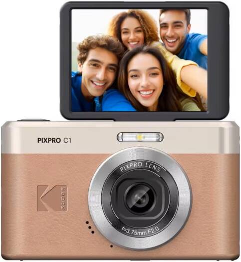 Kodak PixPro C1 compact camera in brown, featuring a 1/3" 13-megapixel CMOS sensor, 4× digital zoom, Full HD video, 2.8-inch LCD screen, TTL autofocus, built-in flash, and USB 2.0 Type-C connectivity.