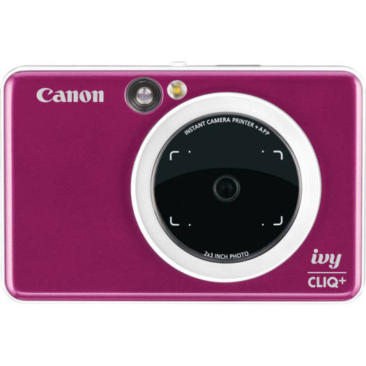 Canon Ivy Cliq+ Instant Digital Camera Printer – Ruby Red, featuring an 8MP image sensor, wide-angle lens, auto exposure and focus, remote shutter, self-timer, and ZINK paper support for 2×3" prints.
