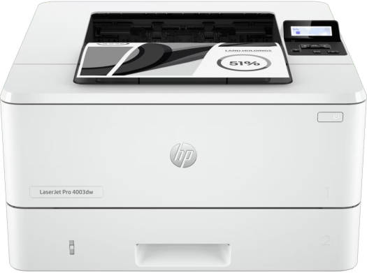 HP LaserJet Pro 4003dw A4 Mono Laser Printer – Up to 40ppm, 1200×1200 dpi, 80,000-page duty cycle, LCD Display, USB, Ethernet & Wi-Fi, White.