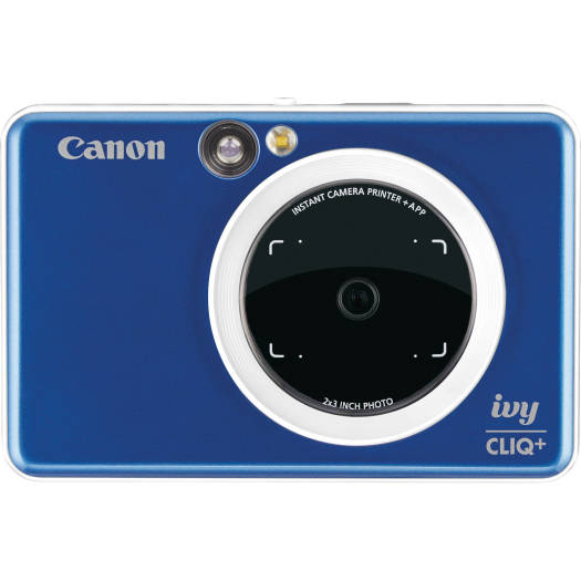 Canon Ivy Cliq+ Instant Digital Camera Printer – Sapphire Blue, featuring an 8MP image sensor, wide-angle lens, auto exposure and focus, remote shutter, self-timer, and ZINK paper support for 2×3" prints.