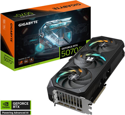 GIGABYTE GeForce RTX 5070 Ti GAMING OC Graphics Card featuring 16GB GDDR7 (256-bit), a 2588 MHz boost clock, 8960 CUDA cores, 28 Gbps memory speed, and PCIe 5.0 support.