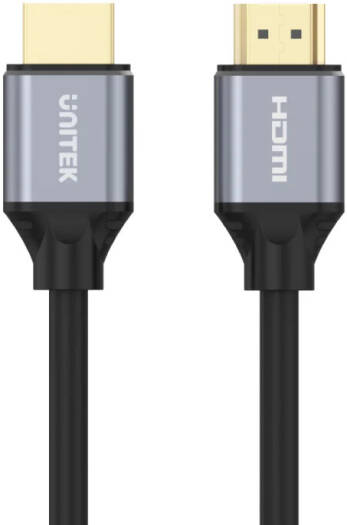 Unitek 8K Ultra High-Speed HDMI Cable featuring support for 8K at 60Hz and 4K at 120Hz, up to 48Gbps data transfer speed, Dynamic HDR, durable 24K gold-plated aluminum connectors, 1.5-meter length, in black.