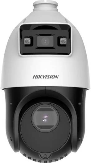Hikvision TandemVu 4-inch 4MP Network Speed Dome Camera with 25x optical zoom, featuring a 2.8mm bullet channel lens and 4.8–120mm PTZ channel lens. Available in black and white.