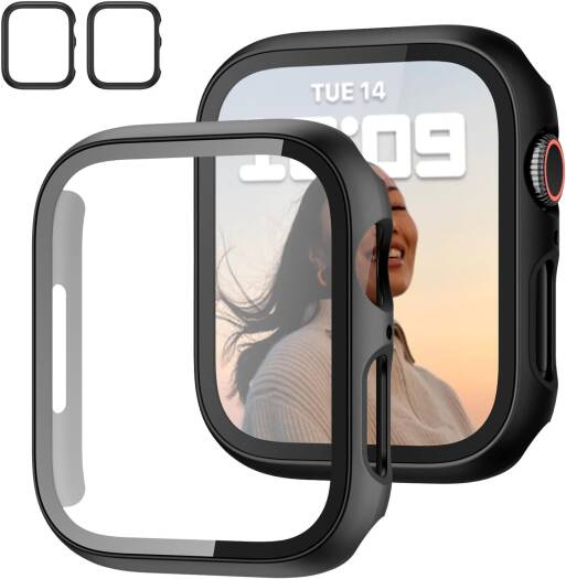 JZK 2-Pack Case with Tempered Glass Screen Protector – Slim Full-Coverage Hard PC Protective Bumper for Apple Watch Series 6/5/4/SE (44mm), Ultra-Thin HD Cover, Black (2-Pack)