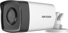 Hikvision 5MP fixed bullet camera with a 3.6mm lens, digital WDR, up to 40m IR range, auto/manual white balance, 4 switchable signals, and IP67-rated protection (white).