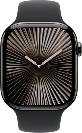 Apple Watch Sport Band, 46mm (S/M), fits 140–190mm wrists, made of high-performance fluoroelastomer, Black.