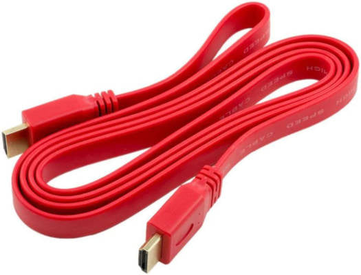 High-Speed V1.4 HDMI Male-to-Male Flat Cable in red, 1.5 m long, supporting Full HD 1080p@60 Hz, Ultra HD 3840×2160@30 Hz, with up to 10.2 Gbps transfer rate, compatible with TVs, projectors, monitors, and laptops.