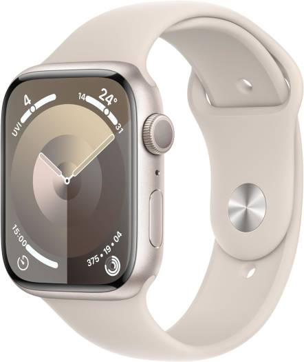 Apple Watch Series 9 (GPS, 45mm) with a starlight aluminum case, M/L starlight sport band, always-on Retina display, fitness tracking, and Blood Oxygen & ECG apps, in starlight.