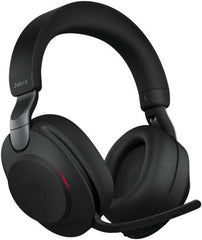 Jabra Evolve2 85 Wireless Over-Ear Noise-Canceling Headset with Unified Communications support, USB Type-A Link 380a adapter, and a sleek black design.