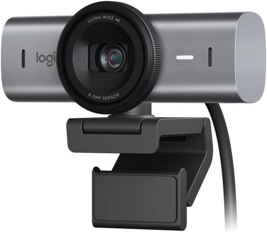 Logitech MX Brio 4K Ultra HD webcam designed for professional collaboration and streaming, featuring an 8.5MP Sony STARVIS sensor, precision glass optics, advanced autofocus, dual beamforming mics, and 4x digital zoom in a graphite finish.